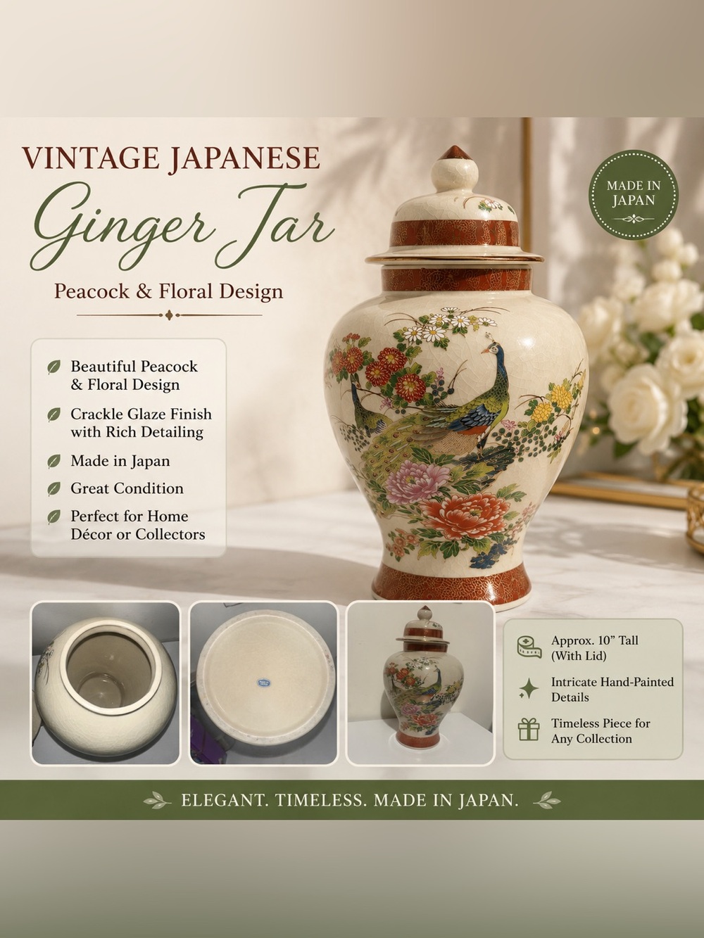 Source Unknown Cream Peacock & Floral Ceramic Ginger Jar
